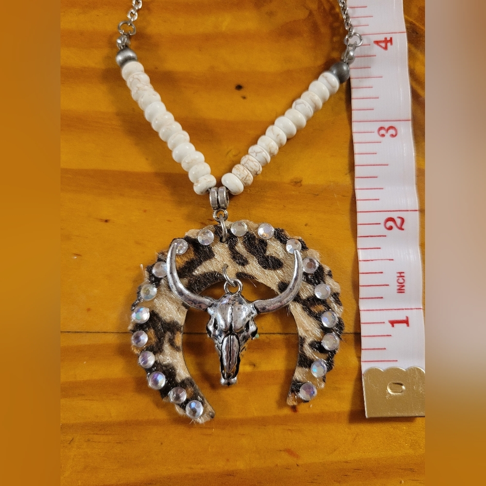 longhorn cow charm necklace faux‎ leapard print leather